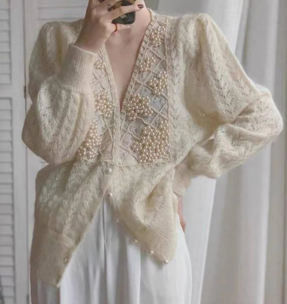 CHARTOU Women Open Front Cardigan Hollow Crochet Knit Dressy Sweater Outwear Pearls Deco