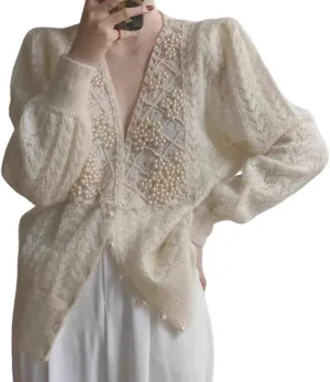 CHARTOU Women Open Front Cardigan Hollow Crochet Knit Dressy Sweater Outwear Pearls Deco