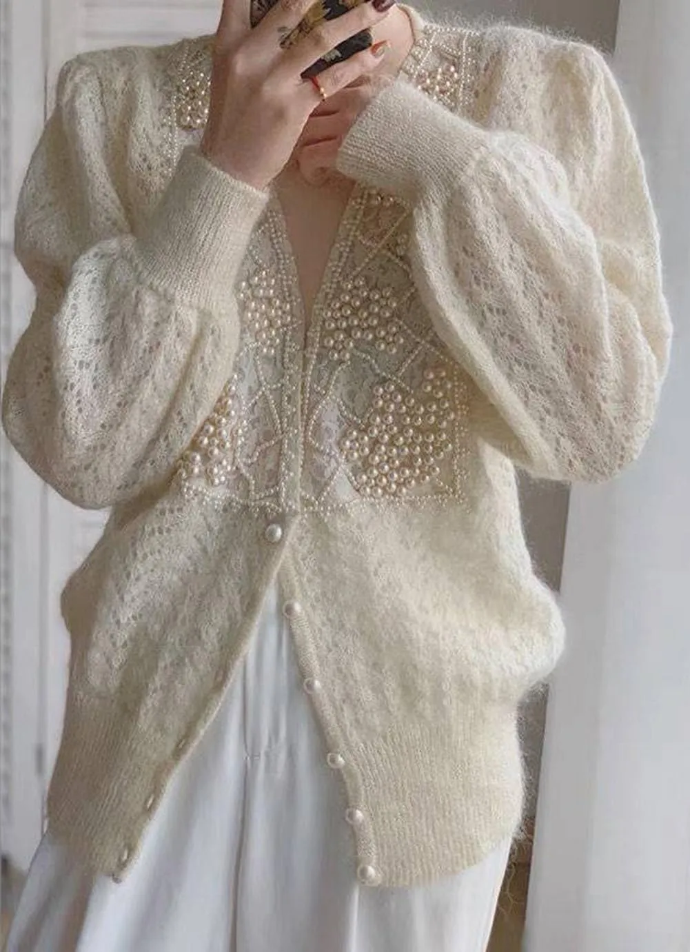 CHARTOU Women Open Front Cardigan Hollow Crochet Knit Dressy Sweater Outwear Pearls Deco