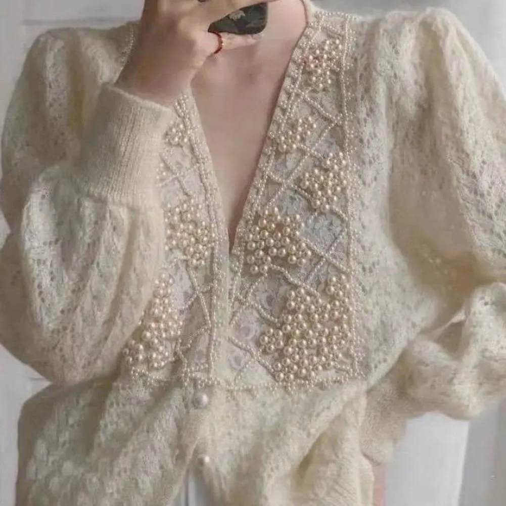 CHARTOU Women Open Front Cardigan Hollow Crochet Knit Dressy Sweater Outwear Pearls Deco