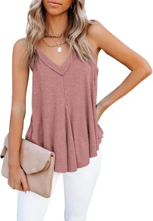 CHARTOU Women's Comfy V-Neck Sleeveless Irregular Pleats A-Line Camisole Shirt Tank Tops