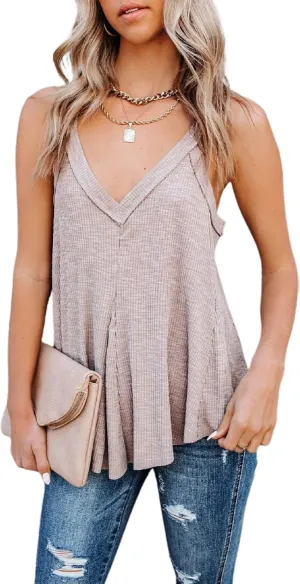CHARTOU Women's Comfy V-Neck Sleeveless Irregular Pleats A-Line Camisole Shirt Tank Tops