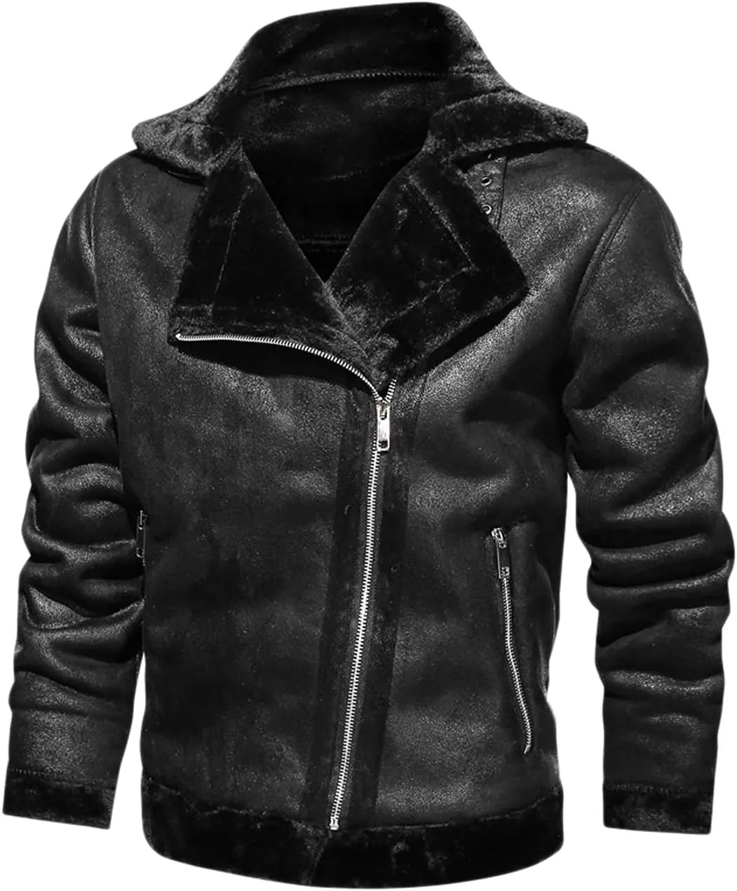 chouyatou Men's Winter Thicked Sherpa Lined Warm Slim Oblique Zip Distressed Faux Suede Leather Biker Jacket