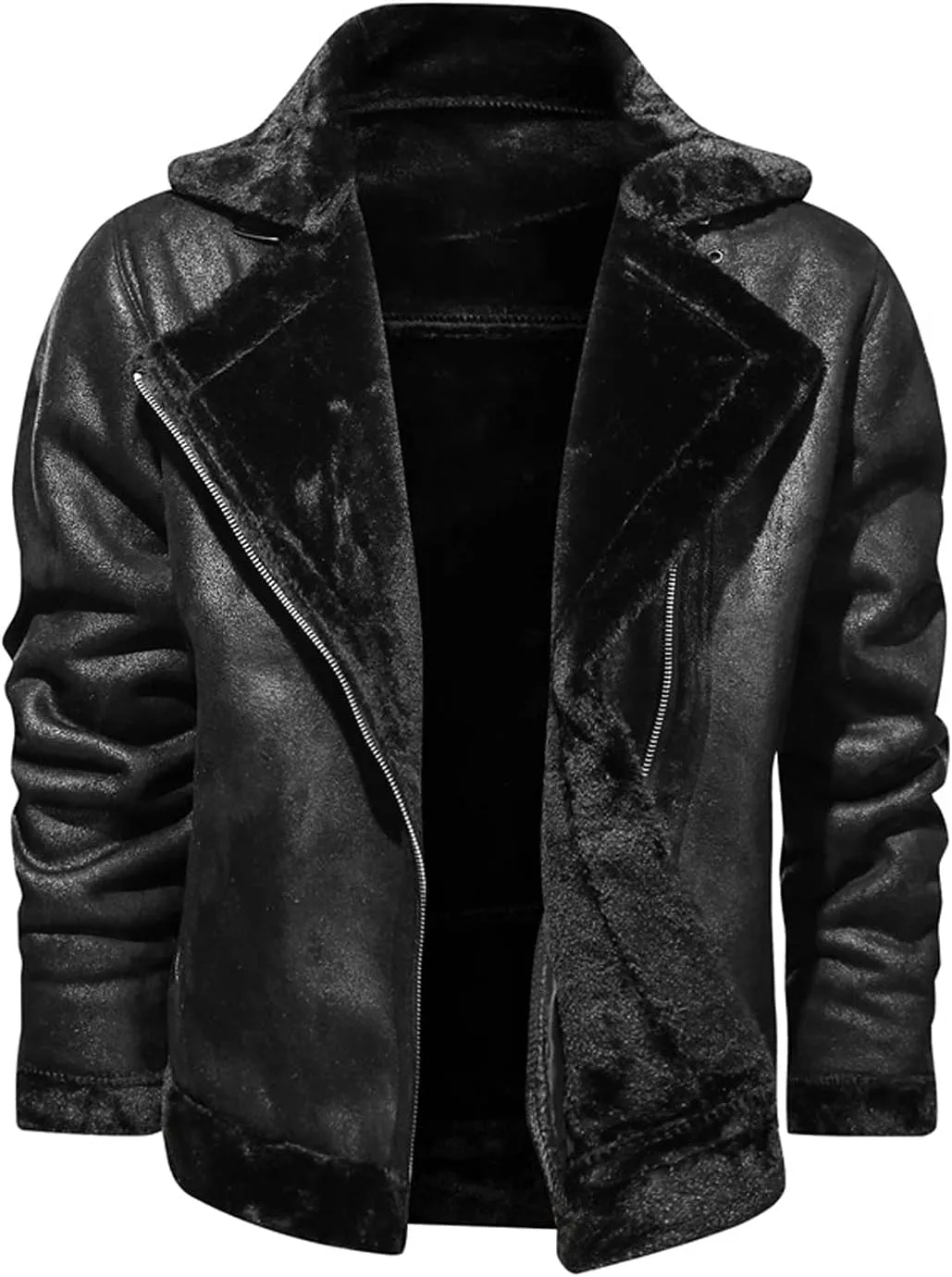 chouyatou Men's Winter Thicked Sherpa Lined Warm Slim Oblique Zip Distressed Faux Suede Leather Biker Jacket