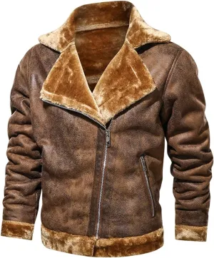 chouyatou Men's Winter Thicked Sherpa Lined Warm Slim Oblique Zip Distressed Faux Suede Leather Biker Jacket