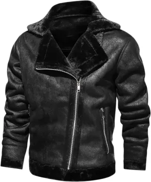 chouyatou Men's Winter Thicked Sherpa Lined Warm Slim Oblique Zip Distressed Faux Suede Leather Biker Jacket