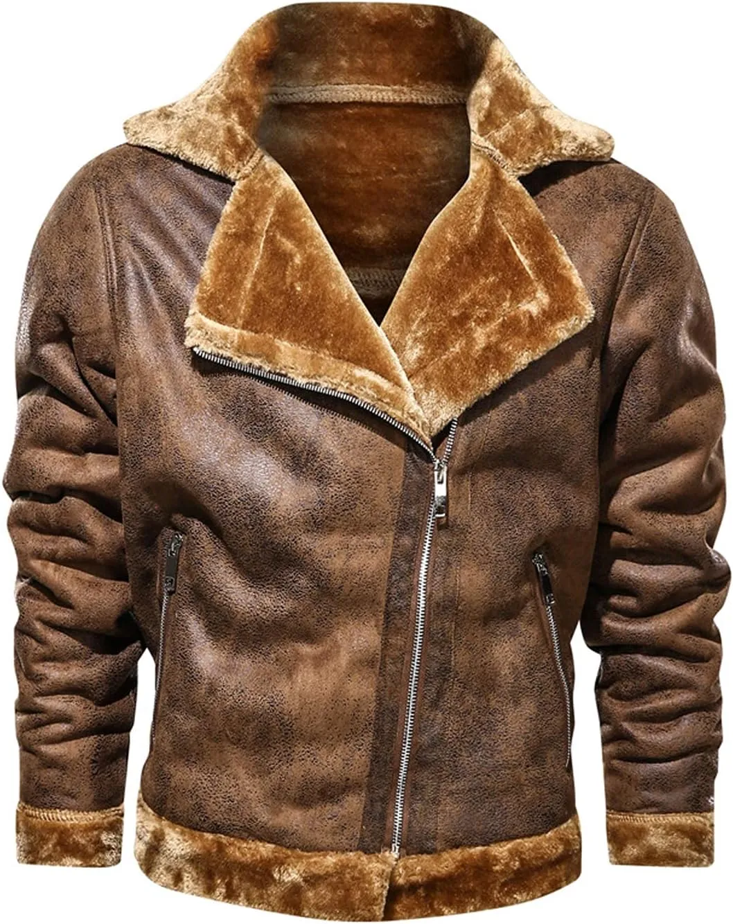 chouyatou Men's Winter Thicked Sherpa Lined Warm Slim Oblique Zip Distressed Faux Suede Leather Biker Jacket