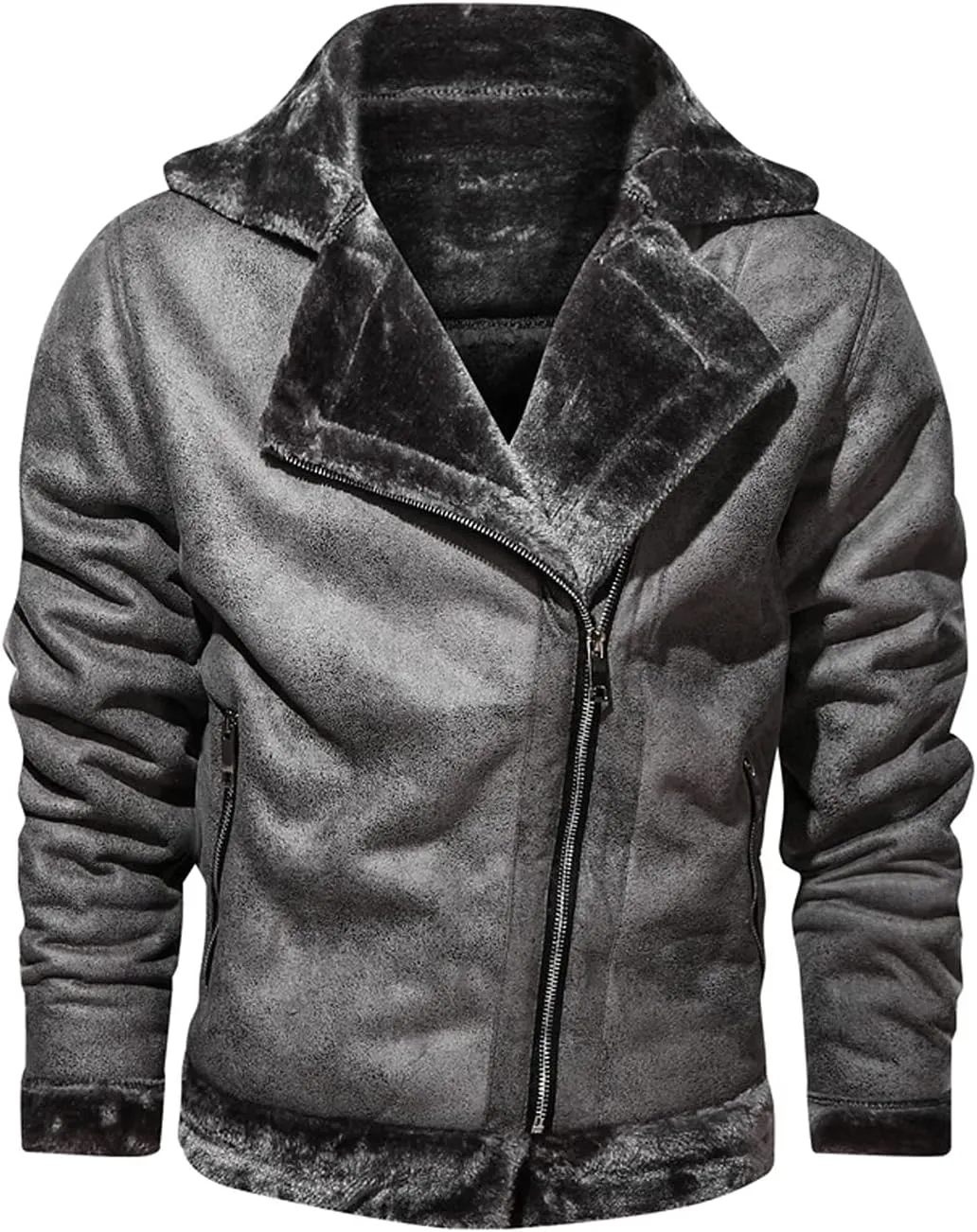 chouyatou Men's Winter Thicked Sherpa Lined Warm Slim Oblique Zip Distressed Faux Suede Leather Biker Jacket