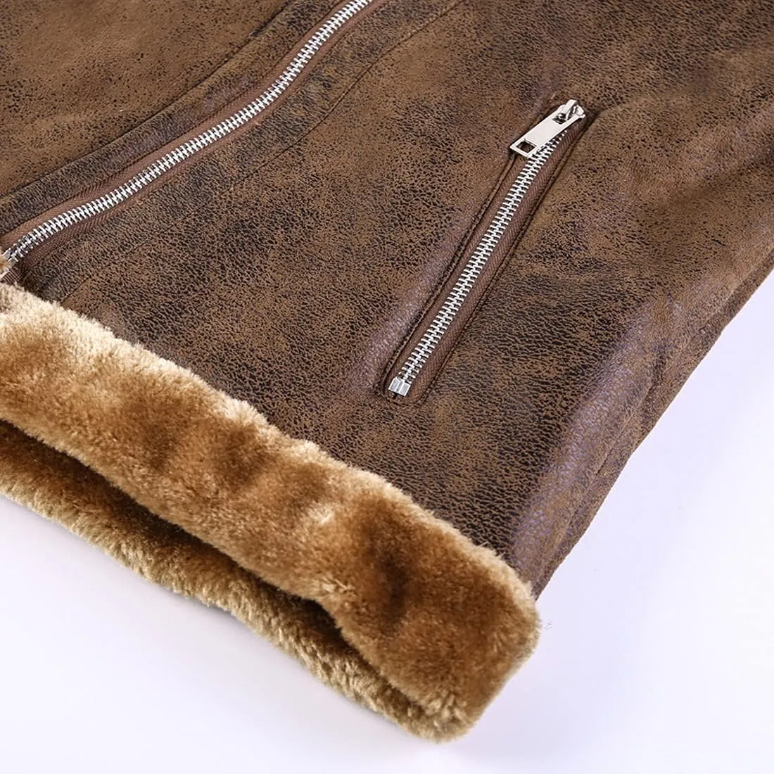 chouyatou Men's Winter Thicked Sherpa Lined Warm Slim Oblique Zip Distressed Faux Suede Leather Biker Jacket