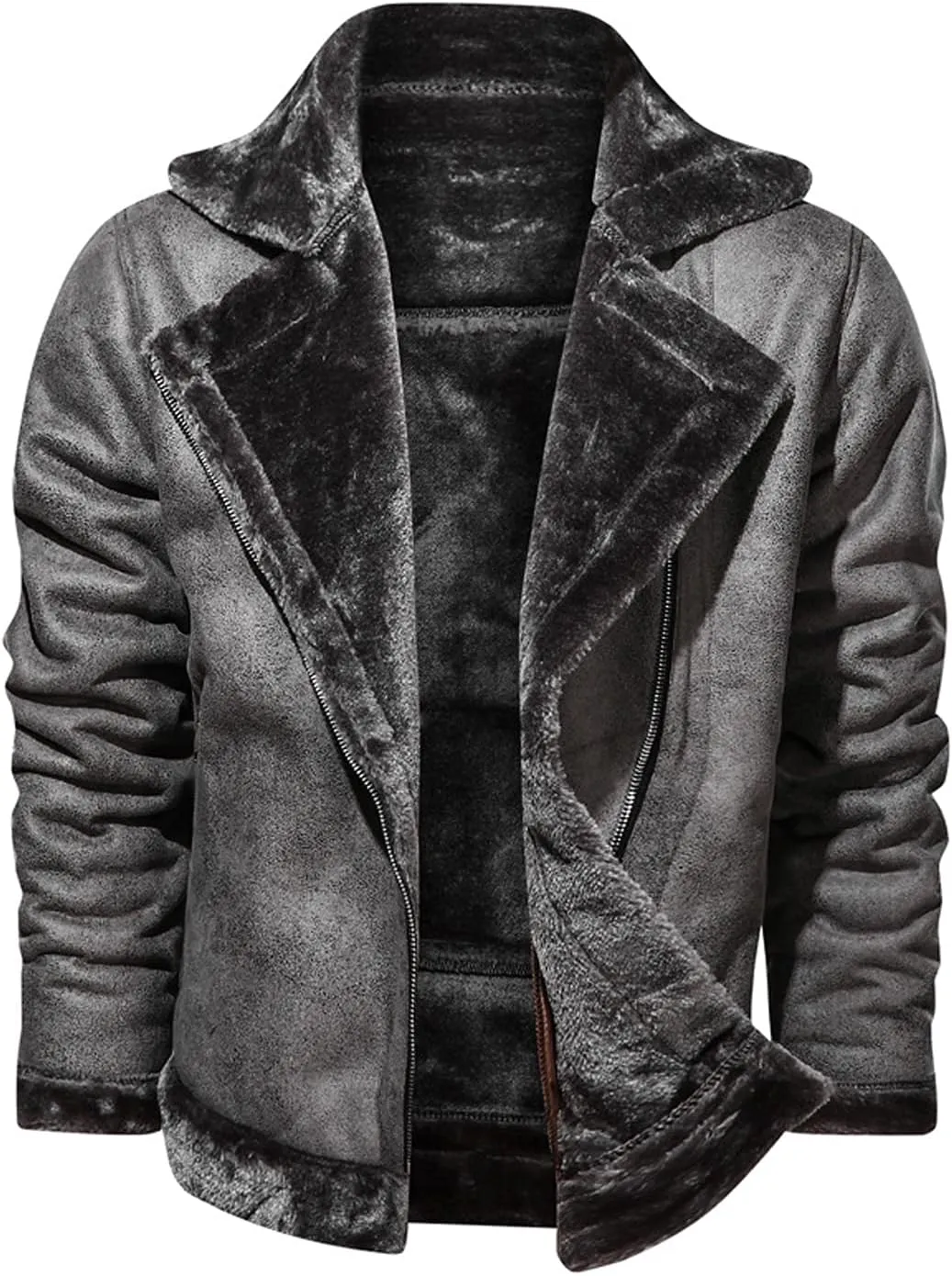 chouyatou Men's Winter Thicked Sherpa Lined Warm Slim Oblique Zip Distressed Faux Suede Leather Biker Jacket
