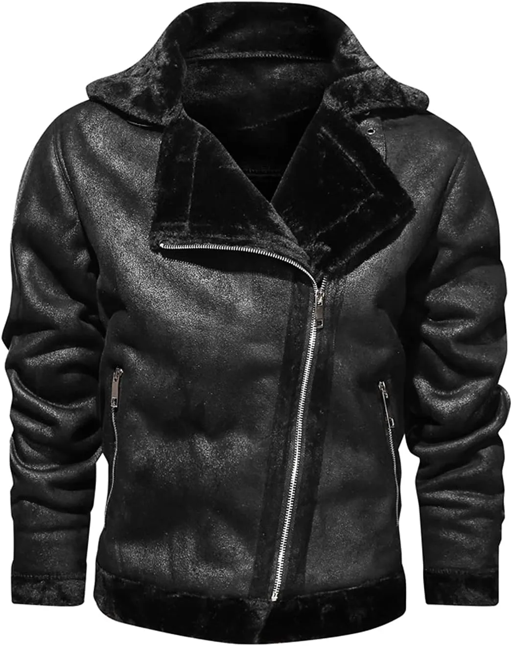 chouyatou Men's Winter Thicked Sherpa Lined Warm Slim Oblique Zip Distressed Faux Suede Leather Biker Jacket