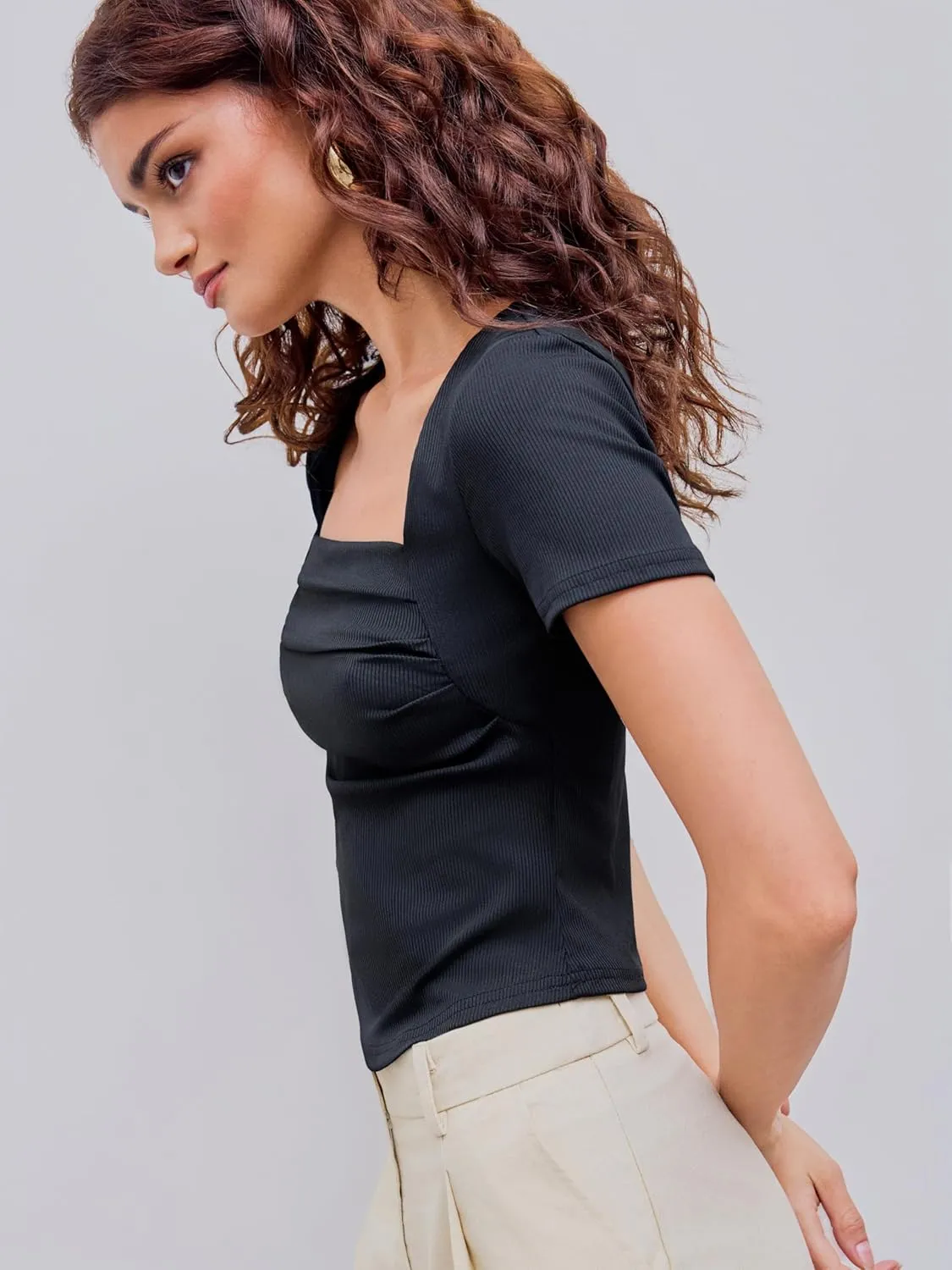 CIDER Going Out Tops Square Neck Short Sleeve Slim Fit Ruched Tops