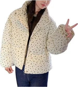 Cold Weather Down Jacket For Womens Cropped Stand Collar Puffer Coats Winter Floral Print Zip Up Puffer Outfits