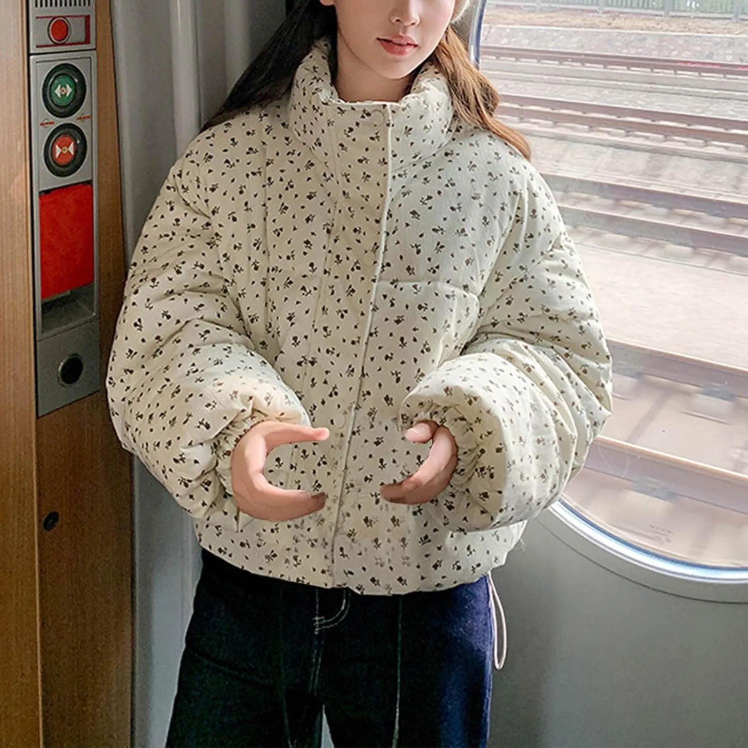 Cold Weather Down Jacket For Womens Cropped Stand Collar Puffer Coats Winter Floral Print Zip Up Puffer Outfits