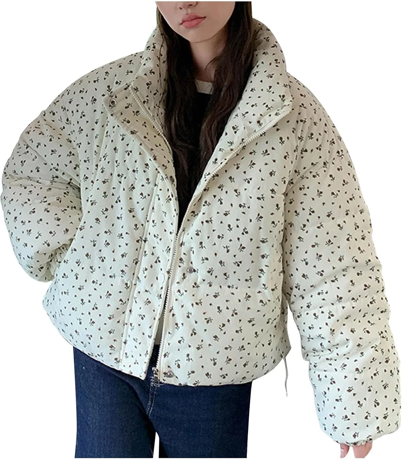 Cold Weather Down Jacket For Womens Cropped Stand Collar Puffer Coats Winter Floral Print Zip Up Puffer Outfits