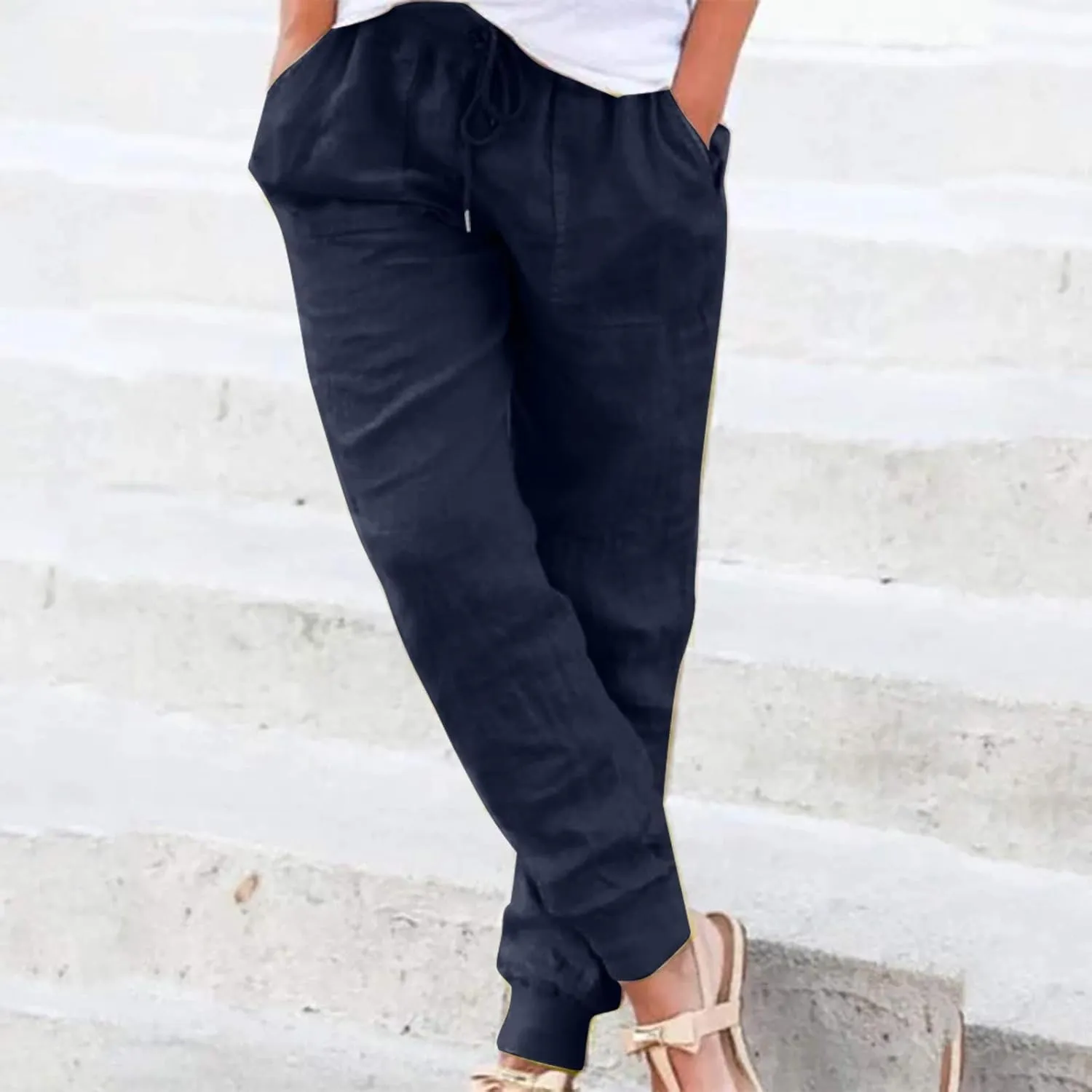 Cotton Linen Pants for Women Drawstring Elastic Waist Tapered Trousers Summer Casual Beach Pant with Pockets