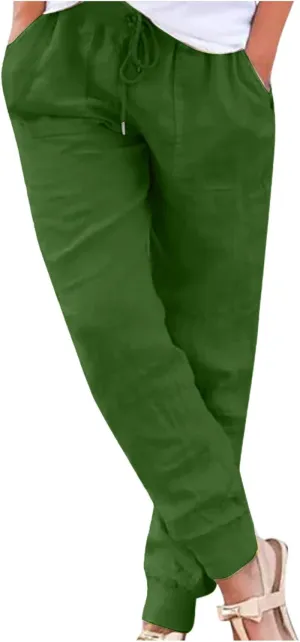 Cotton Linen Pants for Women Drawstring Elastic Waist Tapered Trousers Summer Casual Beach Pant with Pockets