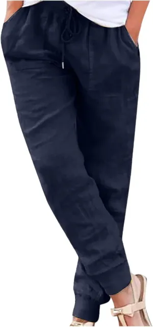 Cotton Linen Pants for Women Drawstring Elastic Waist Tapered Trousers Summer Casual Beach Pant with Pockets