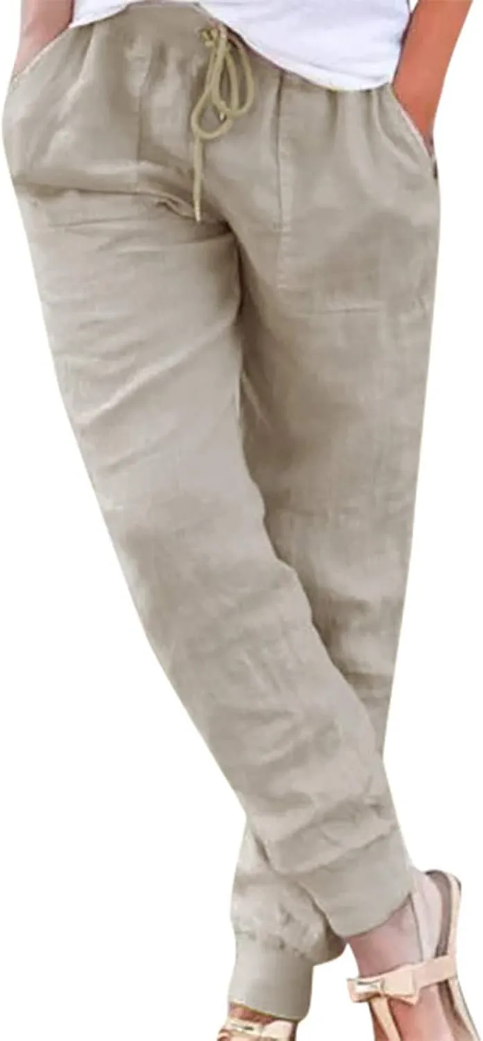 Cotton Linen Pants for Women Drawstring Elastic Waist Tapered Trousers Summer Casual Beach Pant with Pockets