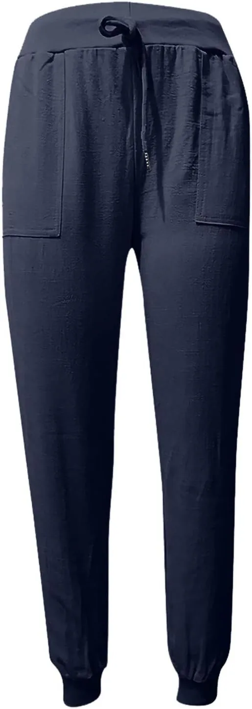 Cotton Linen Pants for Women Drawstring Elastic Waist Tapered Trousers Summer Casual Beach Pant with Pockets