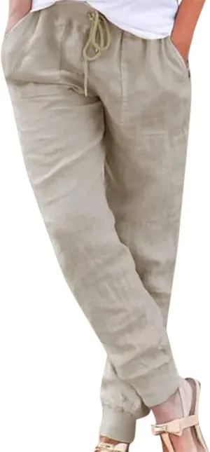 Cotton Linen Pants for Women Drawstring Elastic Waist Tapered Trousers Summer Casual Beach Pant with Pockets