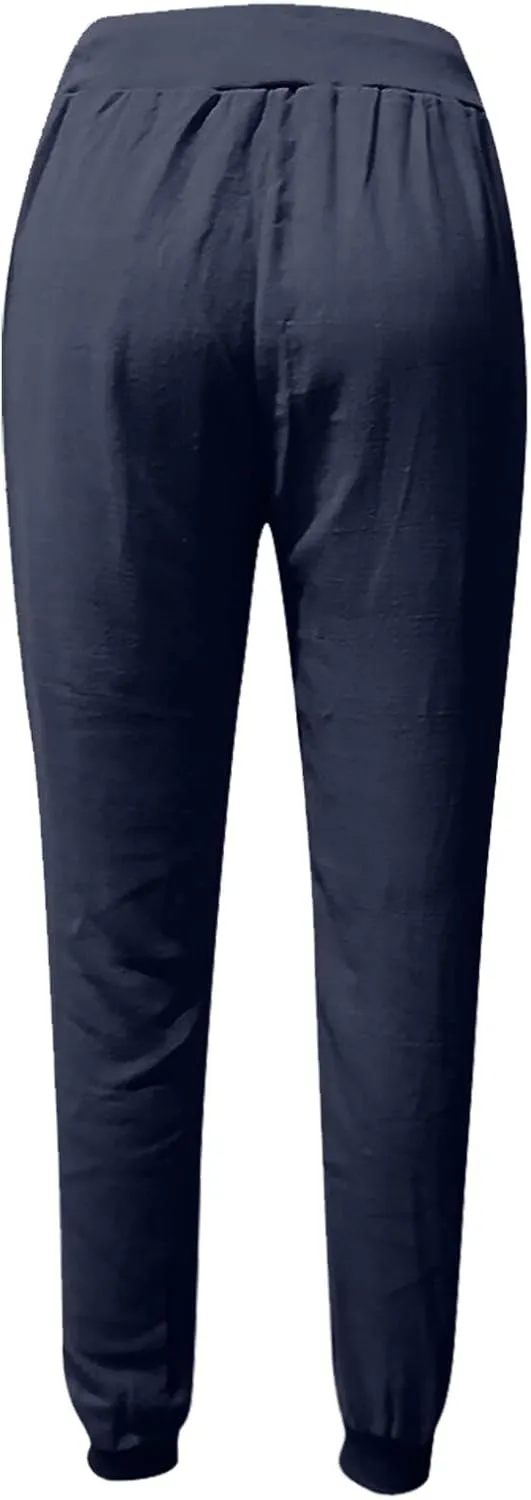 Cotton Linen Pants for Women Drawstring Elastic Waist Tapered Trousers Summer Casual Beach Pant with Pockets