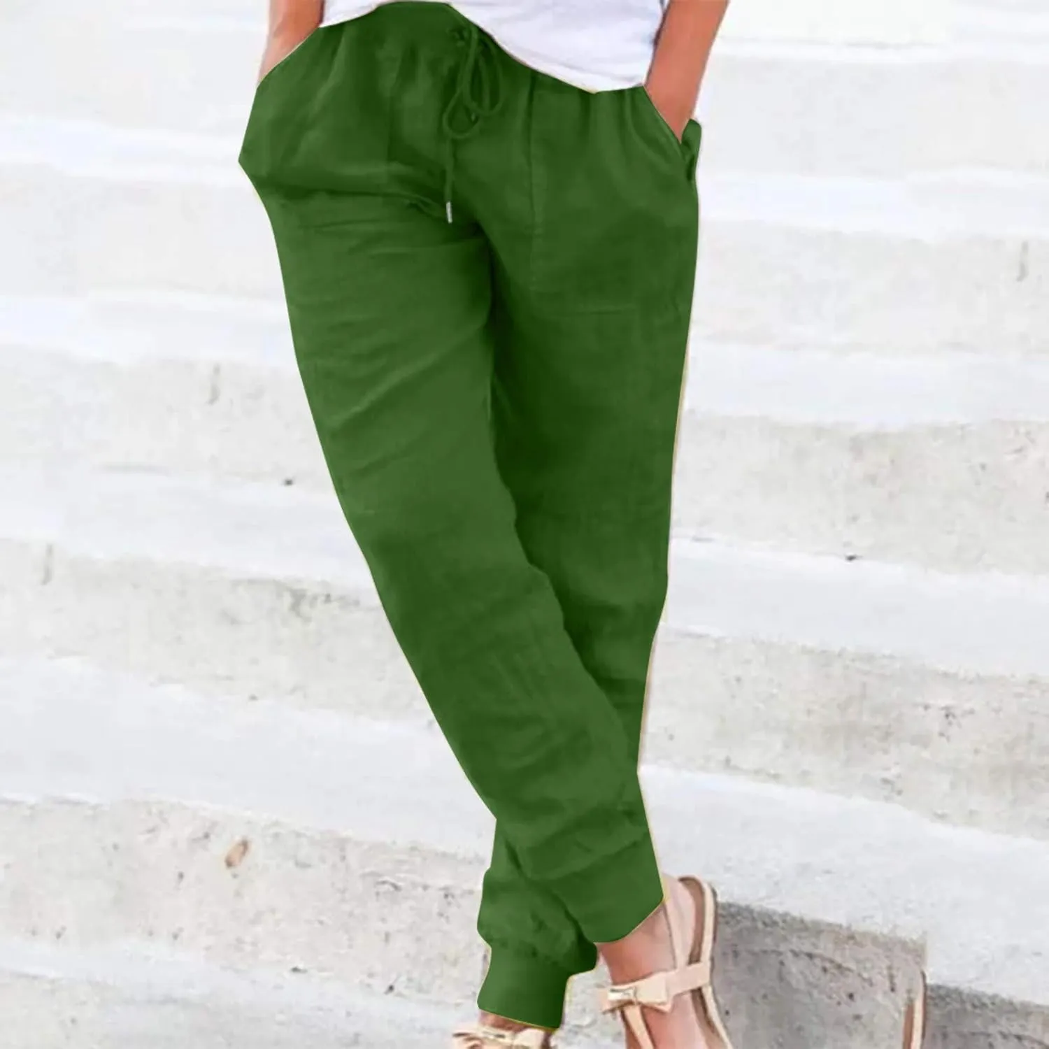 Cotton Linen Pants for Women Drawstring Elastic Waist Tapered Trousers Summer Casual Beach Pant with Pockets