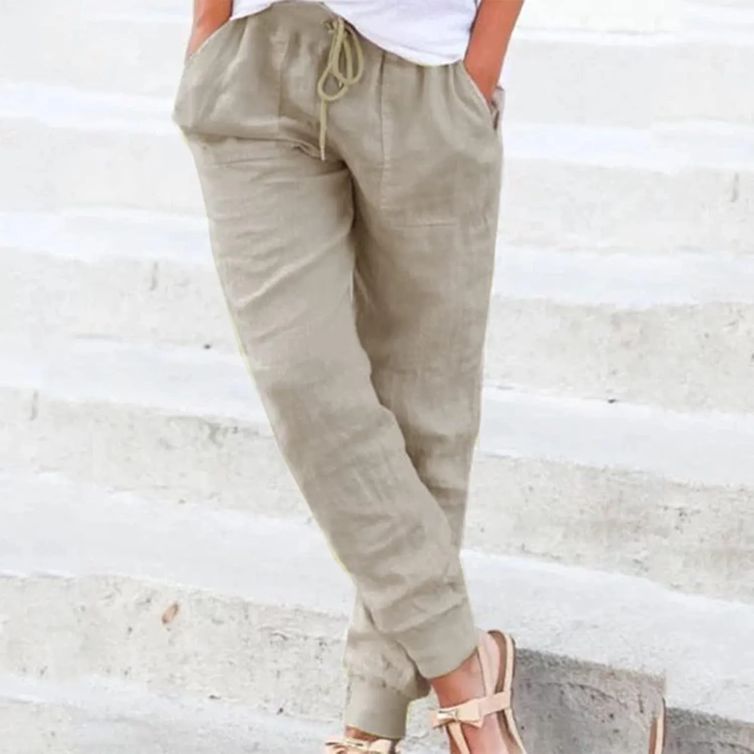 Cotton Linen Pants for Women Drawstring Elastic Waist Tapered Trousers Summer Casual Beach Pant with Pockets