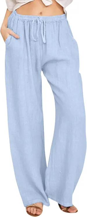 Cotton Linen Pants for Women High Waist Drawstring Loose Fit Wide Leg Trousers Summer Beach Pants with Pockets