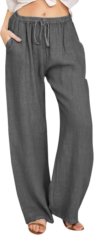 Cotton Linen Pants for Women High Waist Drawstring Loose Fit Wide Leg Trousers Summer Beach Pants with Pockets