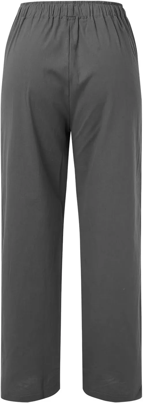 Cotton Linen Pants for Women High Waist Drawstring Loose Fit Wide Leg Trousers Summer Beach Pants with Pockets