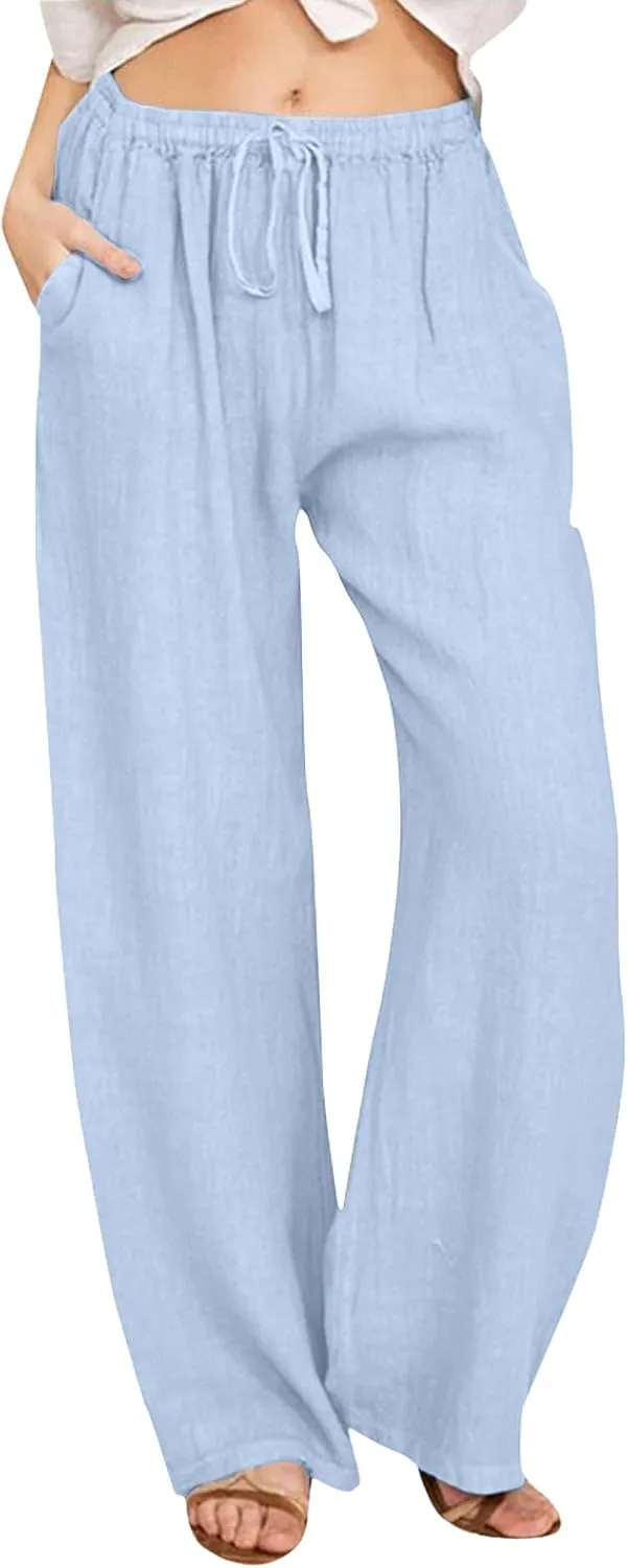Cotton Linen Pants for Women High Waist Drawstring Loose Fit Wide Leg Trousers Summer Beach Pants with Pockets