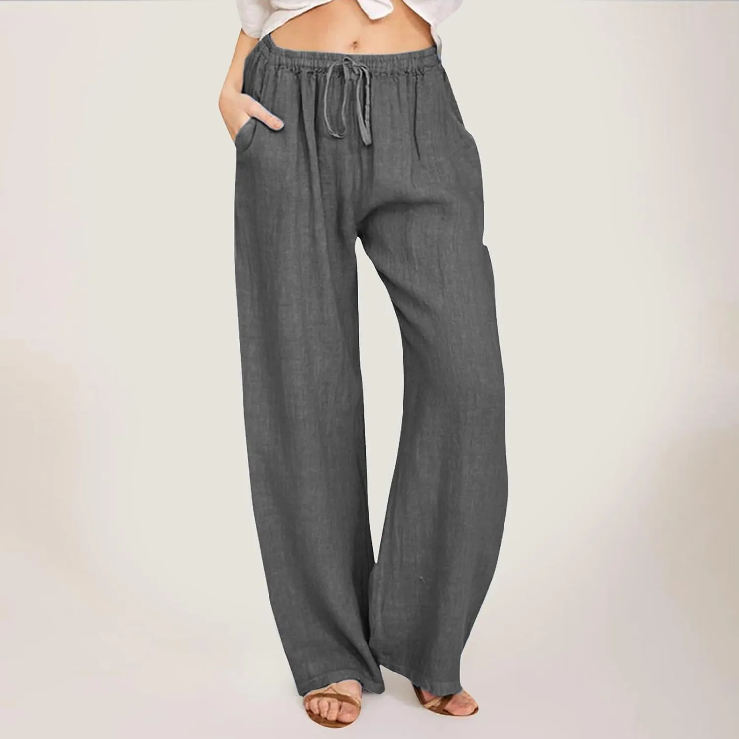 Cotton Linen Pants for Women High Waist Drawstring Loose Fit Wide Leg Trousers Summer Beach Pants with Pockets