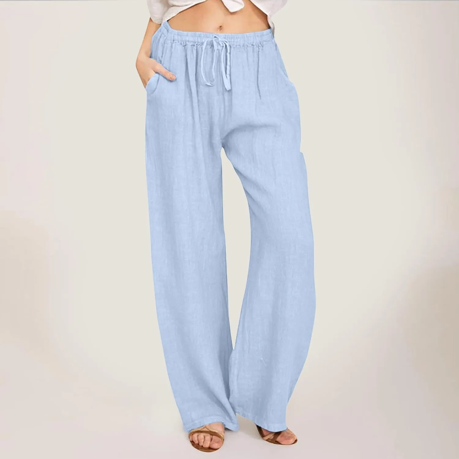 Cotton Linen Pants for Women High Waist Drawstring Loose Fit Wide Leg Trousers Summer Beach Pants with Pockets