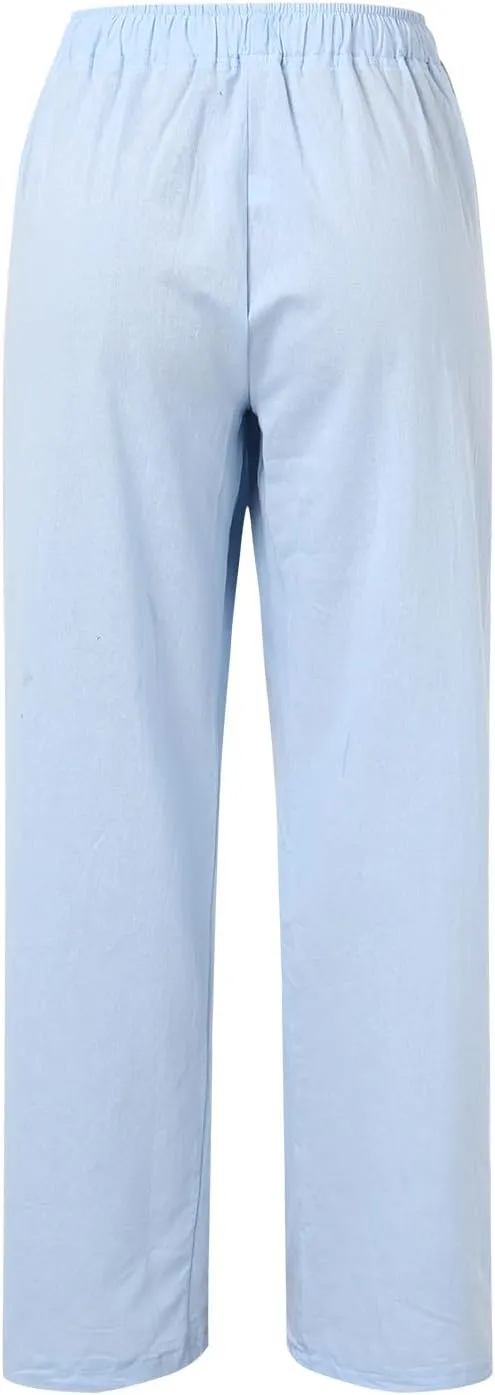 Cotton Linen Pants for Women High Waist Drawstring Loose Fit Wide Leg Trousers Summer Beach Pants with Pockets