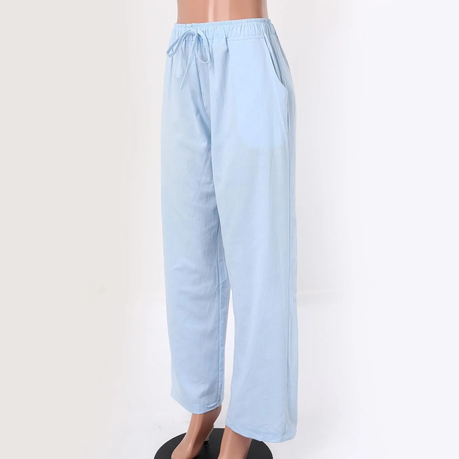 Cotton Linen Pants for Women High Waist Drawstring Loose Fit Wide Leg Trousers Summer Beach Pants with Pockets