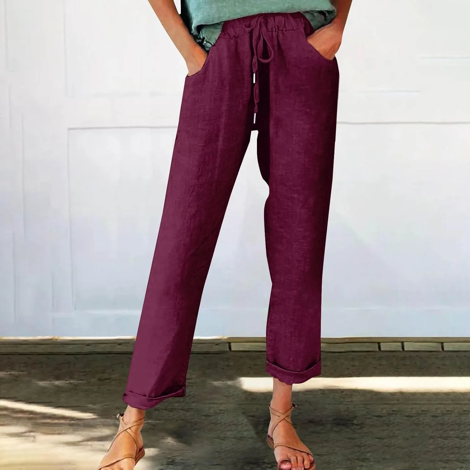 Cotton Linen Pants for Women Vintage Tropical Floral Print Elastic High Waist Drawstring Trousers Summer Beach Pants