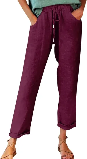 Cotton Linen Pants for Women Vintage Tropical Floral Print Elastic High Waist Drawstring Trousers Summer Beach Pants