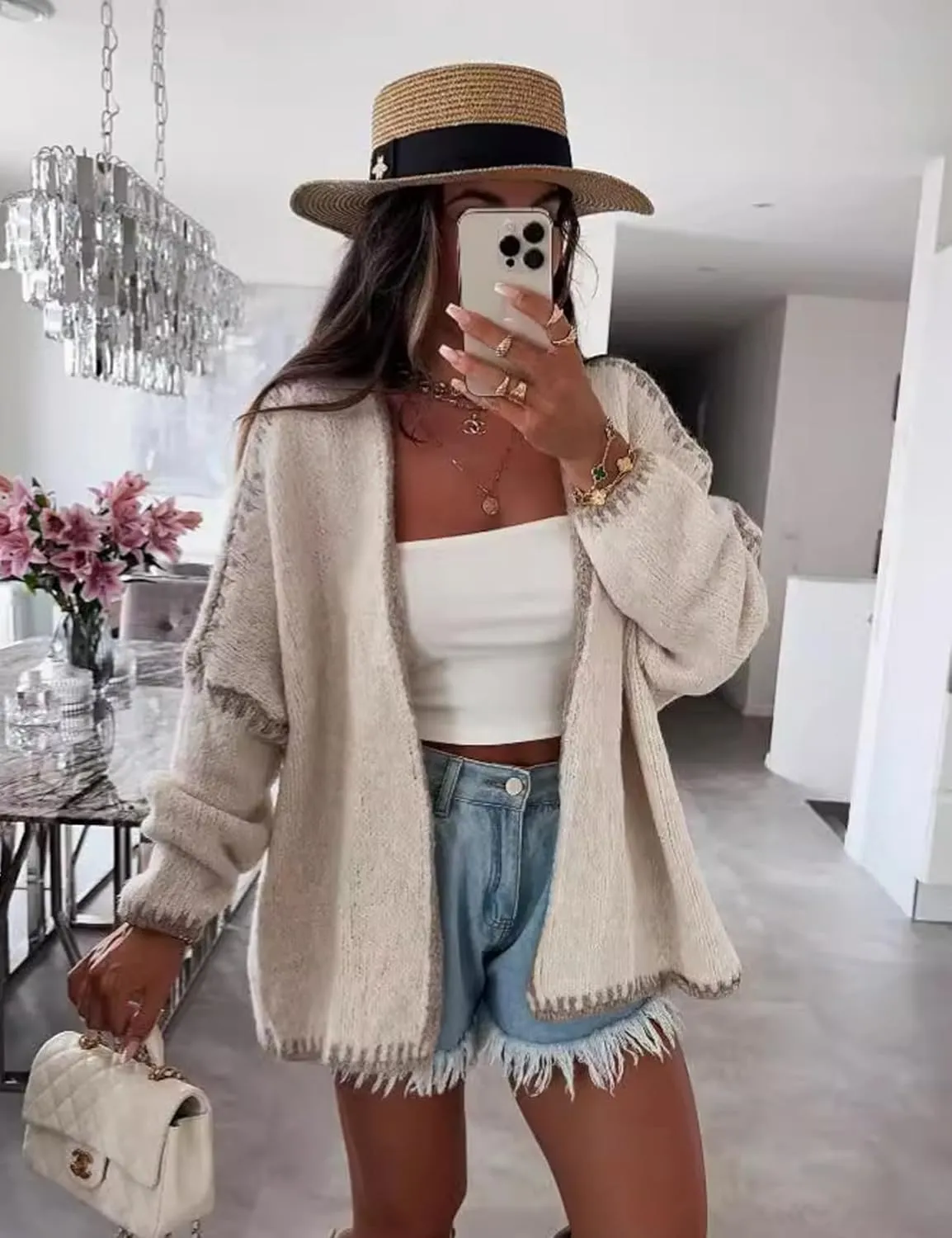 COZYPOIN Womens Fall Cardigan Sweater Casual Knit Cardigan Open Front Colorblocking Oversized Cardigan