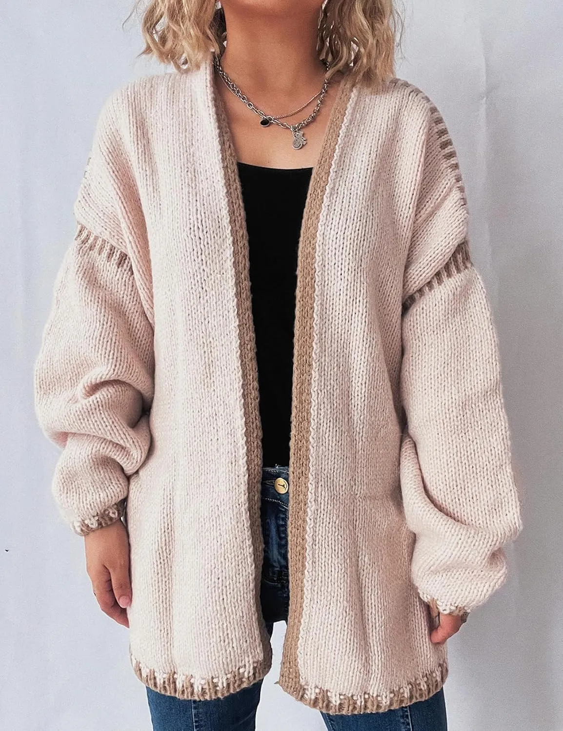 COZYPOIN Womens Fall Cardigan Sweater Casual Knit Cardigan Open Front Colorblocking Oversized Cardigan