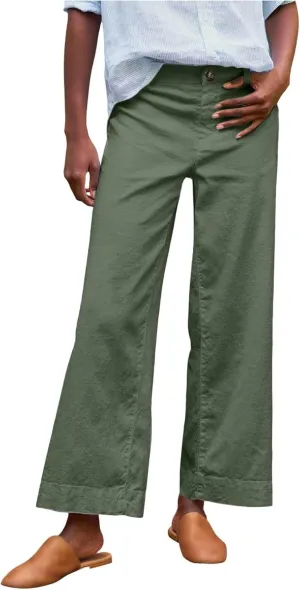 Cropped Linen Pants for Women 2025 Summer Straight Leg Slacks Casual Wide Leg Daily Work Trousers with Pockets