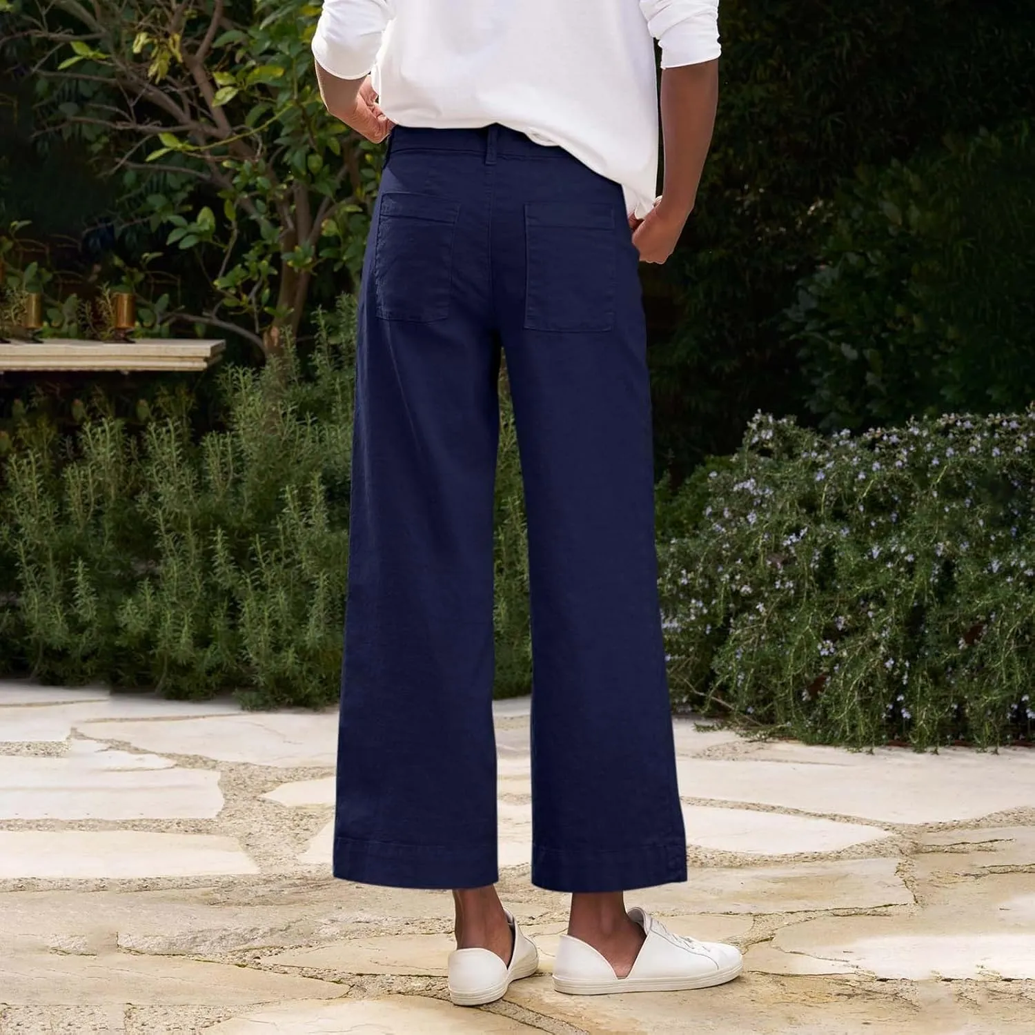 Cropped Linen Pants for Women 2025 Summer Straight Leg Slacks Casual Wide Leg Daily Work Trousers with Pockets