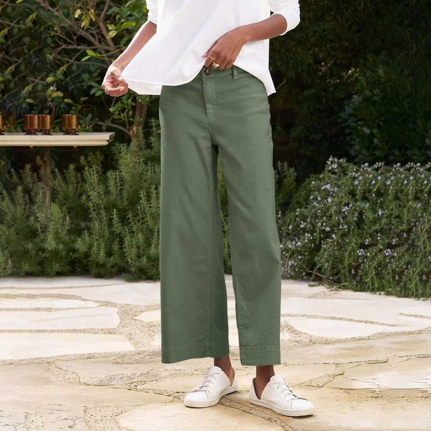 Cropped Linen Pants for Women 2025 Summer Straight Leg Slacks Casual Wide Leg Daily Work Trousers with Pockets