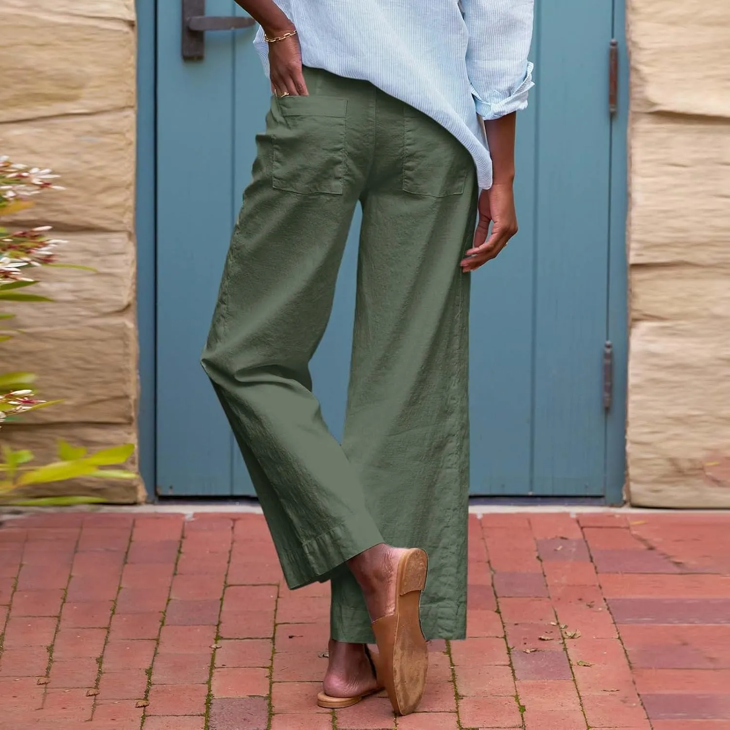 Cropped Linen Pants for Women 2025 Summer Straight Leg Slacks Casual Wide Leg Daily Work Trousers with Pockets