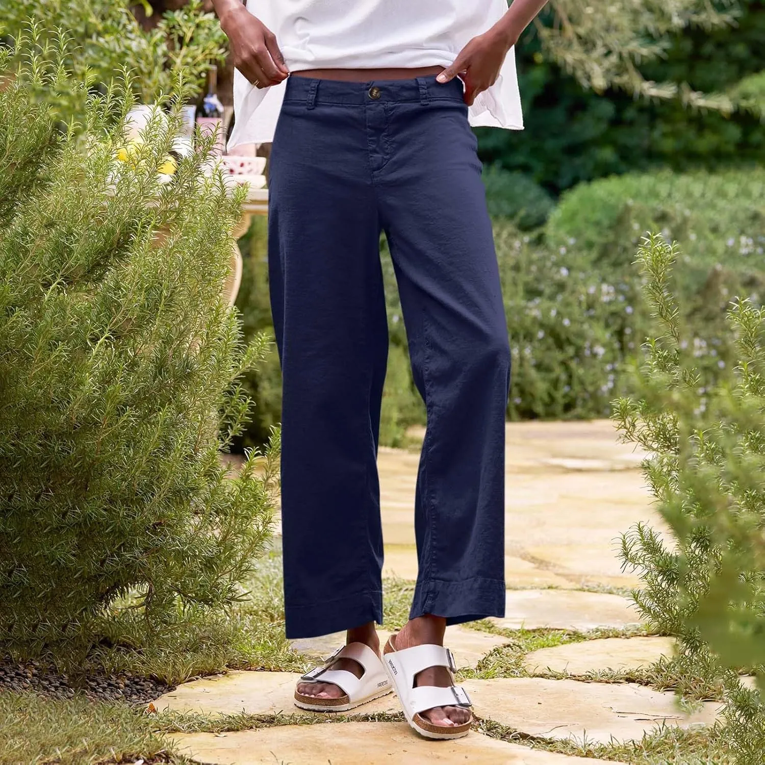 Cropped Linen Pants for Women 2025 Summer Straight Leg Slacks Casual Wide Leg Daily Work Trousers with Pockets