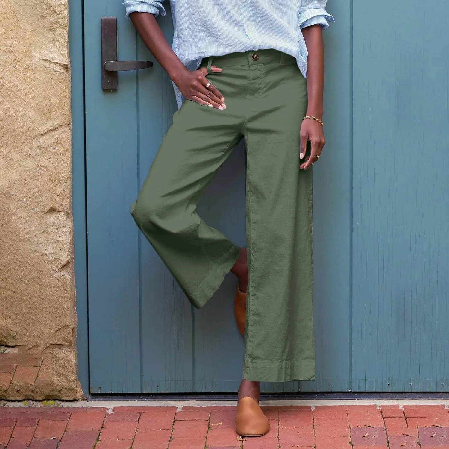 Cropped Linen Pants for Women 2025 Summer Straight Leg Slacks Casual Wide Leg Daily Work Trousers with Pockets