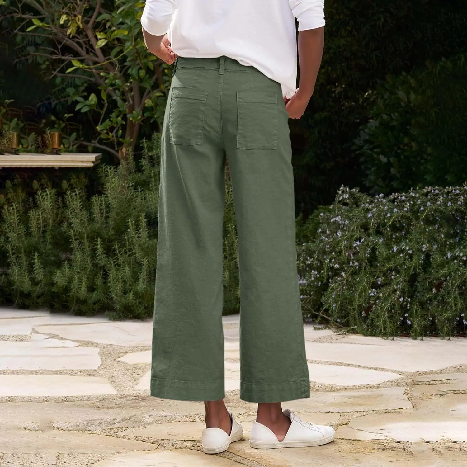 Cropped Linen Pants for Women 2025 Summer Straight Leg Slacks Casual Wide Leg Daily Work Trousers with Pockets