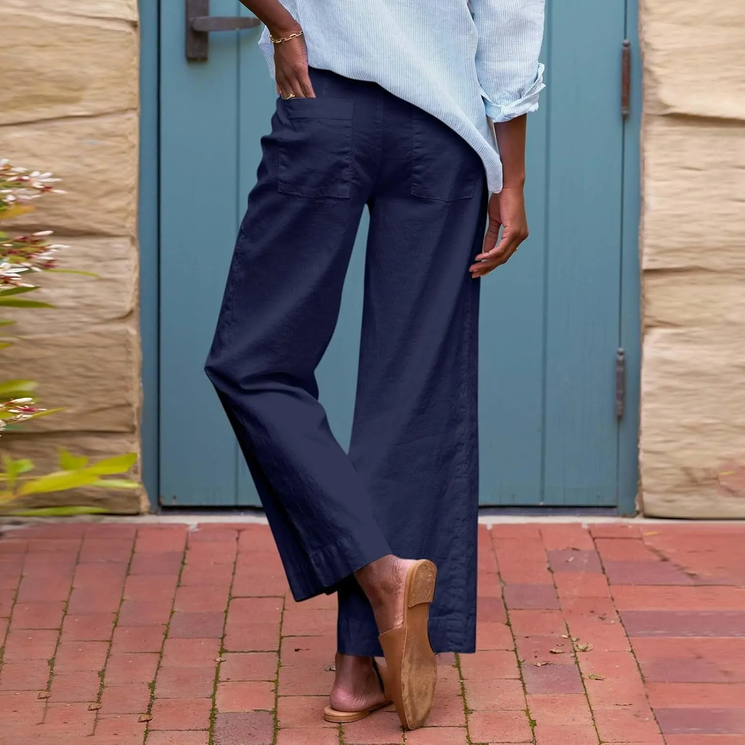 Cropped Linen Pants for Women 2025 Summer Straight Leg Slacks Casual Wide Leg Daily Work Trousers with Pockets