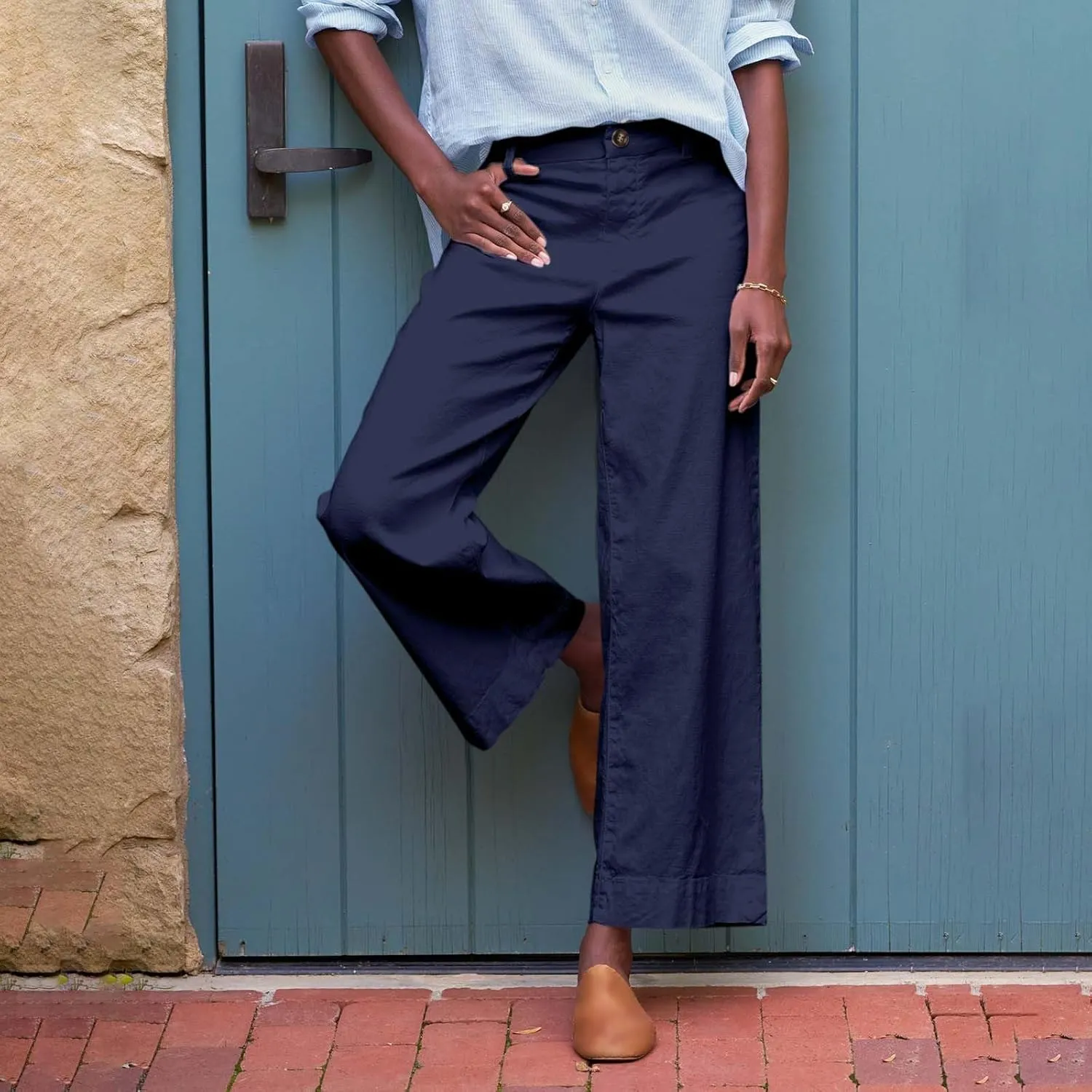 Cropped Linen Pants for Women 2025 Summer Straight Leg Slacks Casual Wide Leg Daily Work Trousers with Pockets