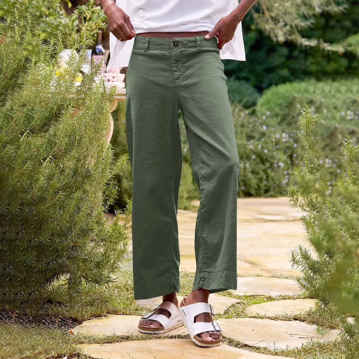 Cropped Linen Pants for Women 2025 Summer Straight Leg Slacks Casual Wide Leg Daily Work Trousers with Pockets